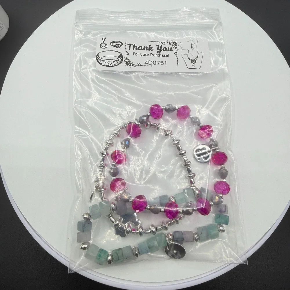 3 Pc Stretch Bracelet Set Pink Crystal Fluorite Beads Roller Skate Charm Boho